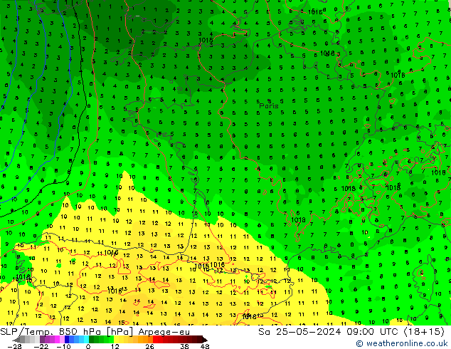 850 hPa Yer Bas./Sıc Arpege-eu Cts 25.05.2024 09 UTC