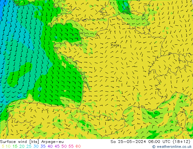 Vento 10 m Arpege-eu sab 25.05.2024 06 UTC