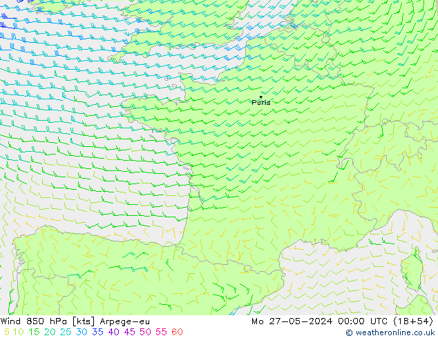 Viento 850 hPa Arpege-eu lun 27.05.2024 00 UTC