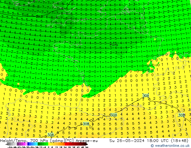 Height/Temp. 700 hPa Arpege-eu  26.05.2024 18 UTC