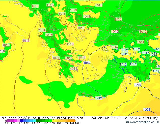 Espesor 850-1000 hPa Arpege-eu dom 26.05.2024 18 UTC