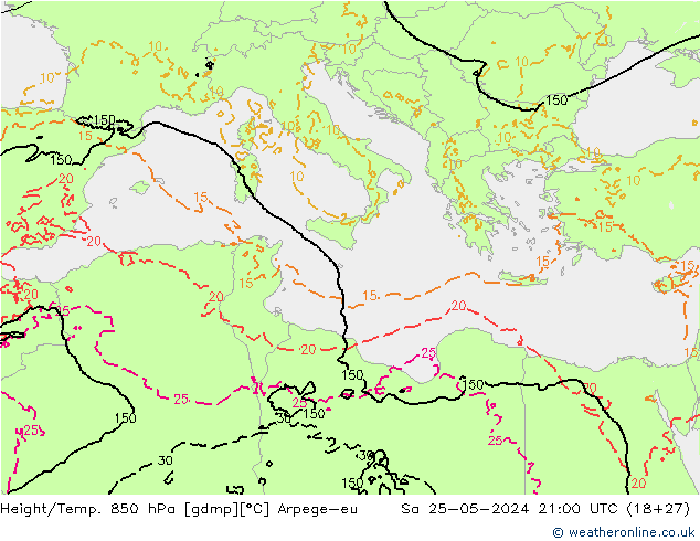 Yükseklik/Sıc. 850 hPa Arpege-eu Cts 25.05.2024 21 UTC