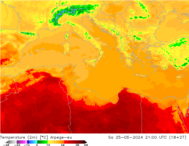 Temperature (2m) Arpege-eu Sa 25.05.2024 21 UTC