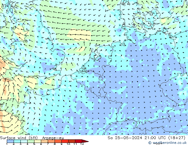 Bodenwind (bft) Arpege-eu Sa 25.05.2024 21 UTC