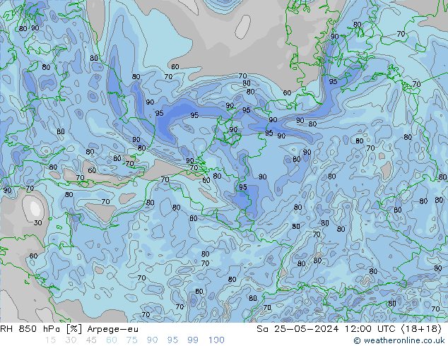 RH 850 hPa Arpege-eu So 25.05.2024 12 UTC