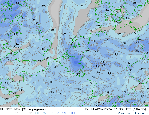Humidité rel. 925 hPa Arpege-eu ven 24.05.2024 21 UTC