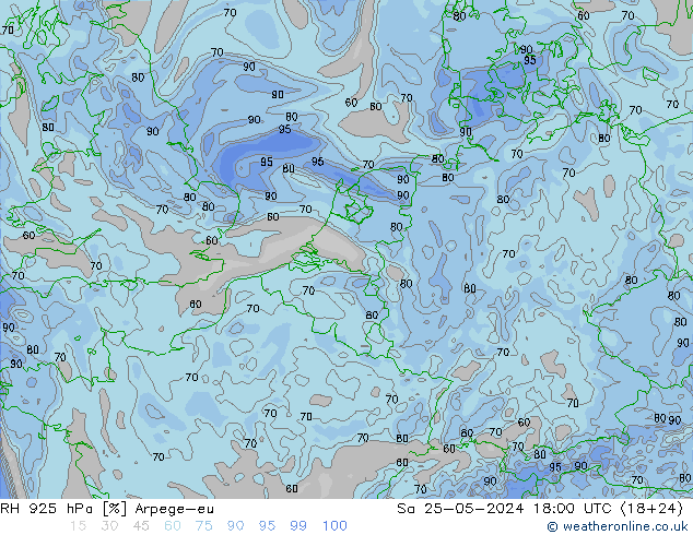 Humedad rel. 925hPa Arpege-eu sáb 25.05.2024 18 UTC