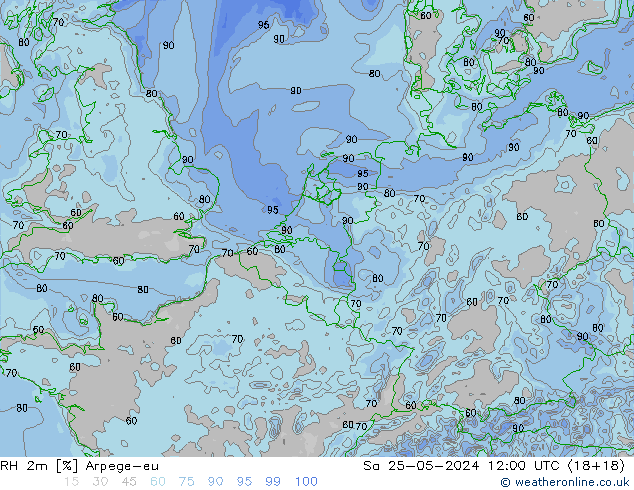 Humedad rel. 2m Arpege-eu sáb 25.05.2024 12 UTC