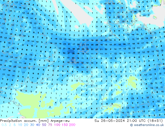 Precipitation accum. Arpege-eu Вс 26.05.2024 21 UTC