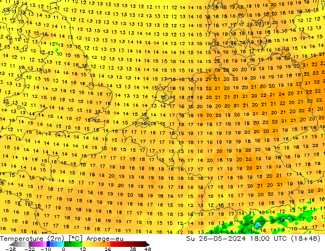 température (2m) Arpege-eu dim 26.05.2024 18 UTC