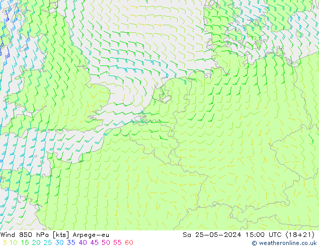 wiatr 850 hPa Arpege-eu so. 25.05.2024 15 UTC