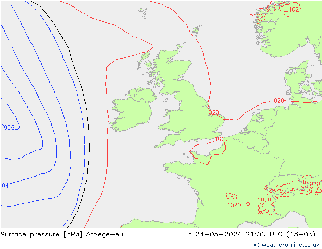 Pressione al suolo Arpege-eu ven 24.05.2024 21 UTC