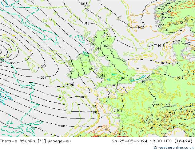 Theta-e 850hPa Arpege-eu Sa 25.05.2024 18 UTC