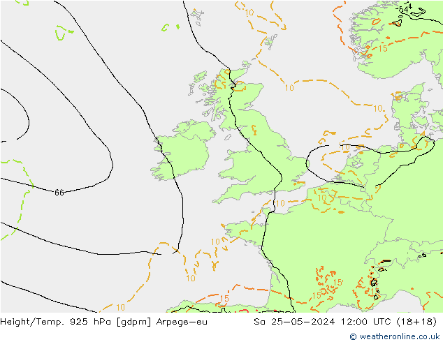 Height/Temp. 925 hPa Arpege-eu so. 25.05.2024 12 UTC