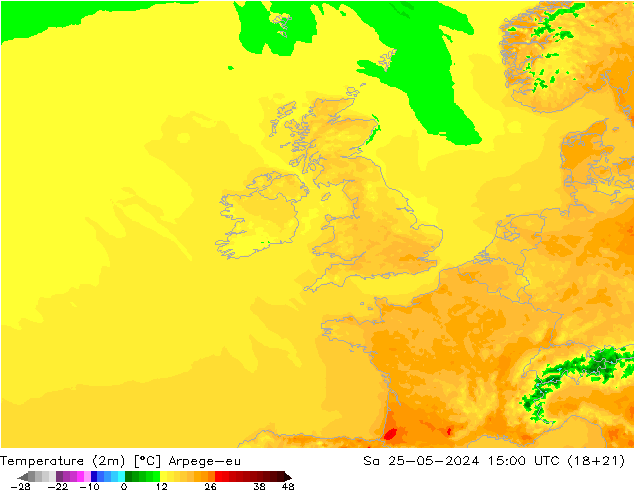 Temperatuurkaart (2m) Arpege-eu za 25.05.2024 15 UTC