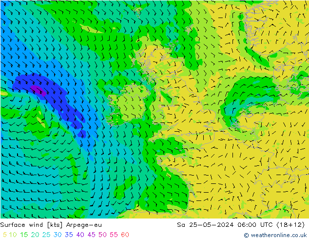 Vento 10 m Arpege-eu Sáb 25.05.2024 06 UTC