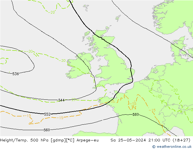 Hoogte/Temp. 500 hPa Arpege-eu za 25.05.2024 21 UTC