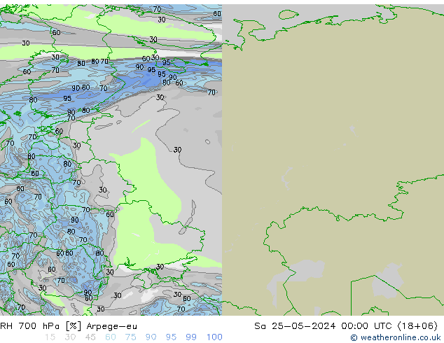 Humedad rel. 700hPa Arpege-eu sáb 25.05.2024 00 UTC