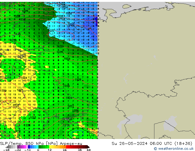 SLP/Temp. 850 hPa Arpege-eu nie. 26.05.2024 06 UTC