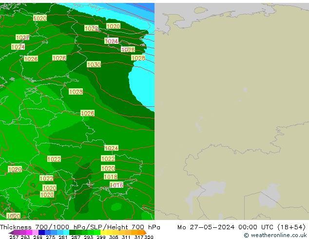 Espesor 700-1000 hPa Arpege-eu lun 27.05.2024 00 UTC