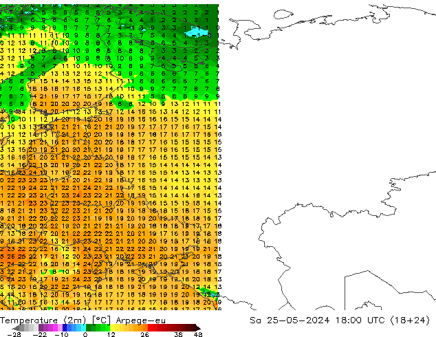 mapa temperatury (2m) Arpege-eu so. 25.05.2024 18 UTC