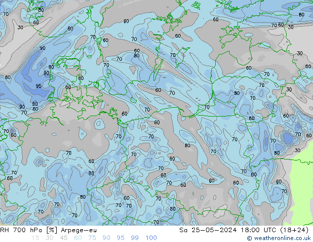 RH 700 гПа Arpege-eu сб 25.05.2024 18 UTC