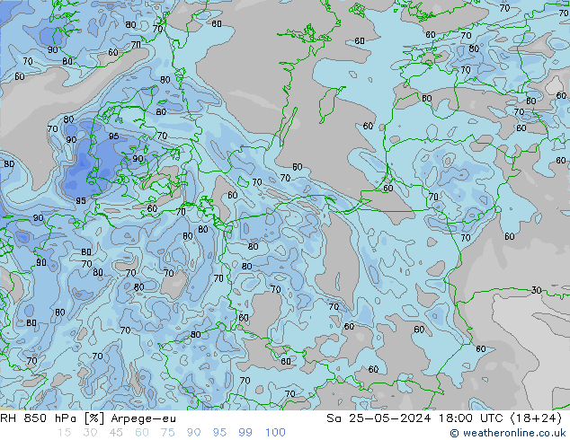 Humedad rel. 850hPa Arpege-eu sáb 25.05.2024 18 UTC