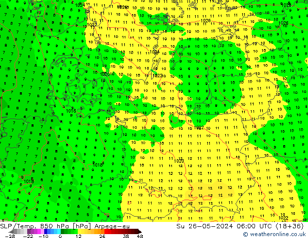 SLP/Temp. 850 hPa Arpege-eu Su 26.05.2024 06 UTC