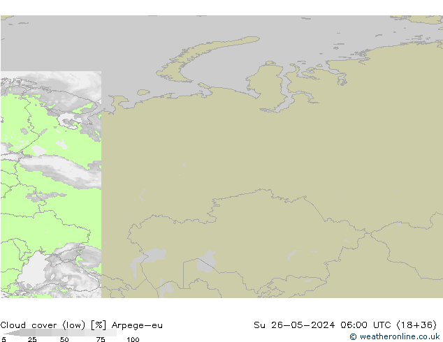 Cloud cover (low) Arpege-eu Su 26.05.2024 06 UTC