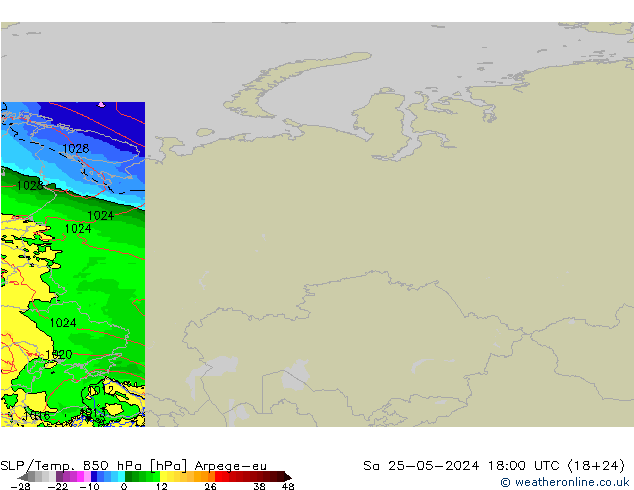 SLP/Temp. 850 hPa Arpege-eu sáb 25.05.2024 18 UTC