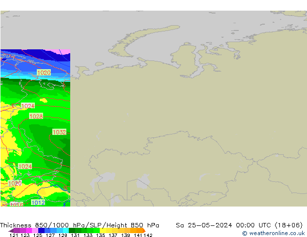 Thck 850-1000 гПа Arpege-eu сб 25.05.2024 00 UTC