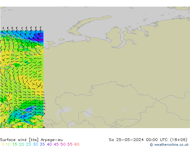 wiatr 10 m Arpege-eu so. 25.05.2024 00 UTC