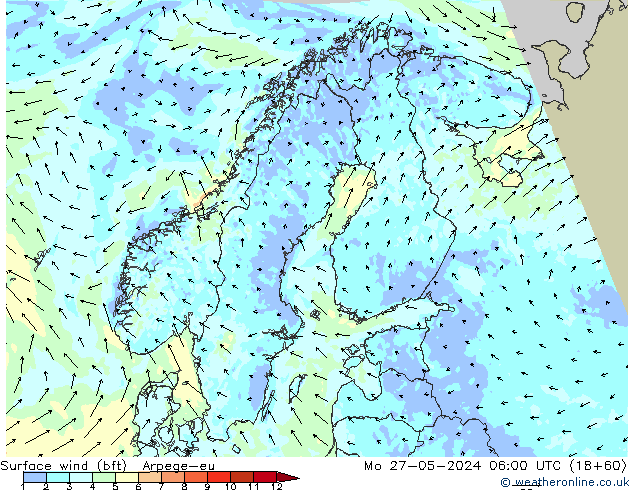 Surface wind (bft) Arpege-eu Po 27.05.2024 06 UTC