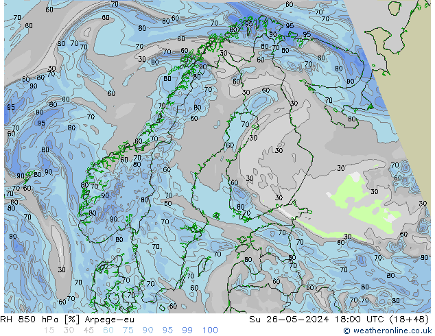 RH 850 hPa Arpege-eu So 26.05.2024 18 UTC