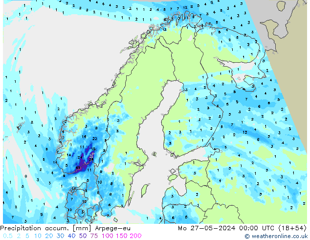 Totale neerslag Arpege-eu ma 27.05.2024 00 UTC