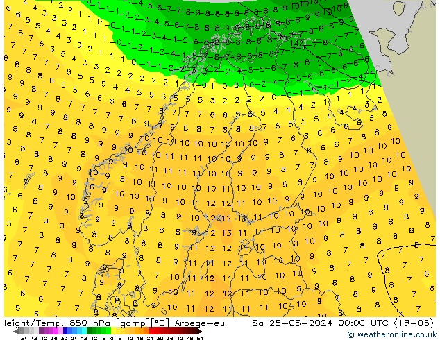 Geop./Temp. 850 hPa Arpege-eu sáb 25.05.2024 00 UTC