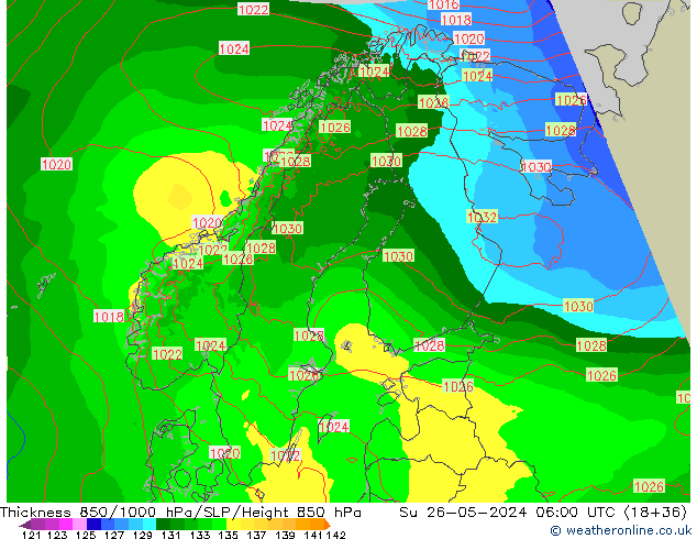 Dikte 850-1000 hPa Arpege-eu zo 26.05.2024 06 UTC