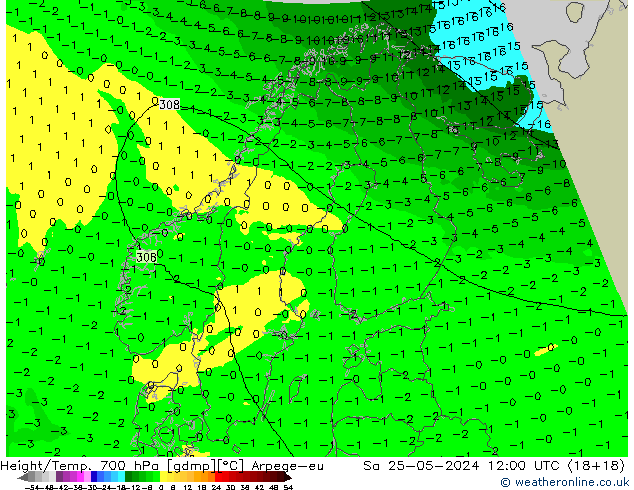 Height/Temp. 700 hPa Arpege-eu Sáb 25.05.2024 12 UTC