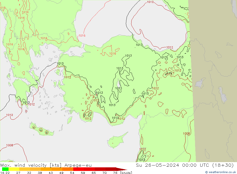 Max. wind velocity Arpege-eu Ne 26.05.2024 00 UTC