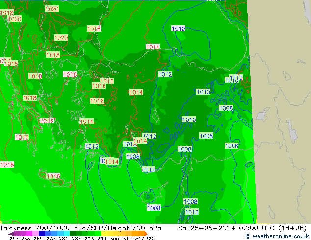 Thck 700-1000 гПа Arpege-eu сб 25.05.2024 00 UTC