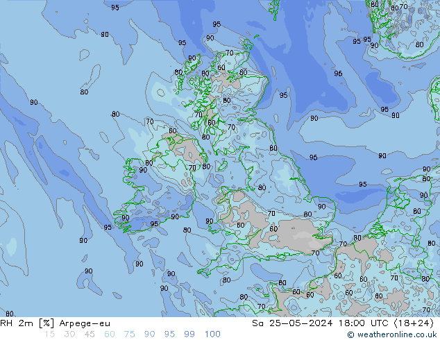 Humidité rel. 2m Arpege-eu sam 25.05.2024 18 UTC