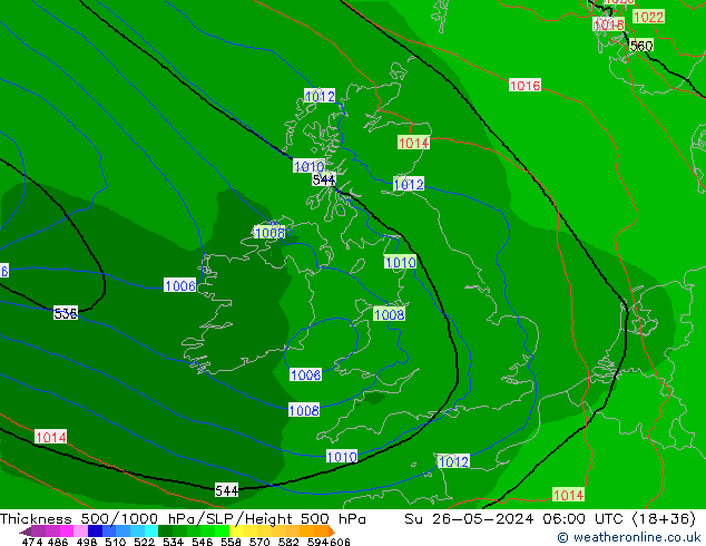 Espesor 500-1000 hPa Arpege-eu dom 26.05.2024 06 UTC