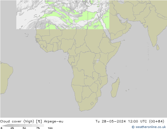 Cloud cover (high) Arpege-eu Tu 28.05.2024 12 UTC