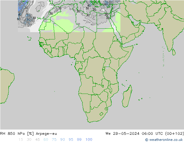 RH 850 hPa Arpege-eu We 29.05.2024 06 UTC