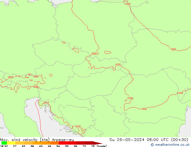 Max. wind snelheid Arpege-eu zo 26.05.2024 06 UTC