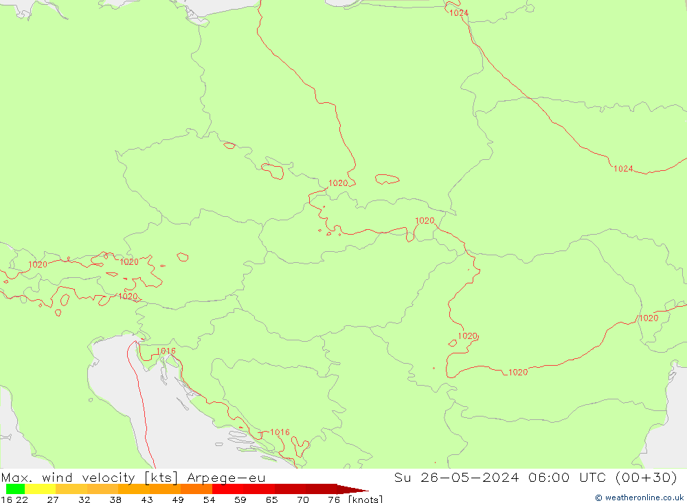 Max. wind velocity Arpege-eu nie. 26.05.2024 06 UTC