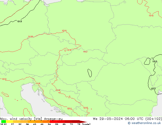 Max. wind velocity Arpege-eu We 29.05.2024 06 UTC