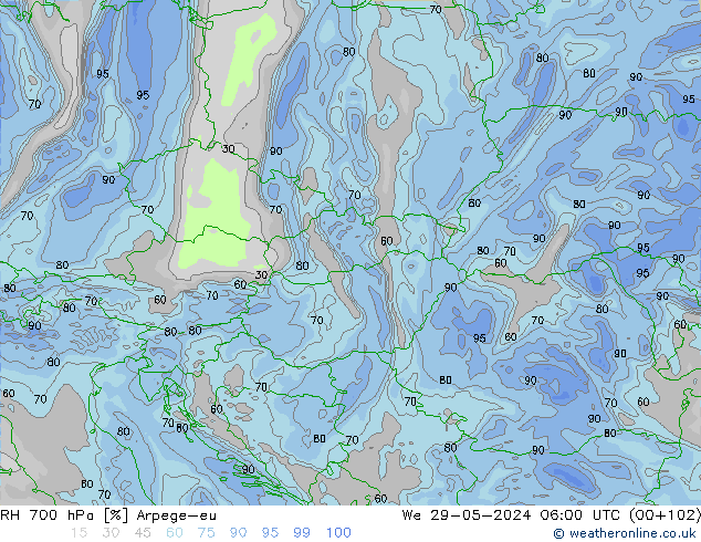 RH 700 hPa Arpege-eu mer 29.05.2024 06 UTC