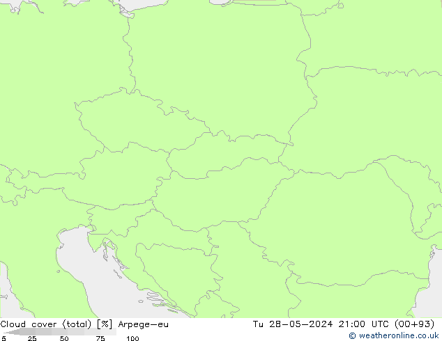 Cloud cover (total) Arpege-eu Tu 28.05.2024 21 UTC