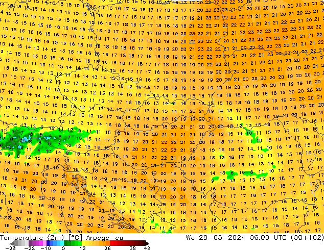 Temperatuurkaart (2m) Arpege-eu wo 29.05.2024 06 UTC